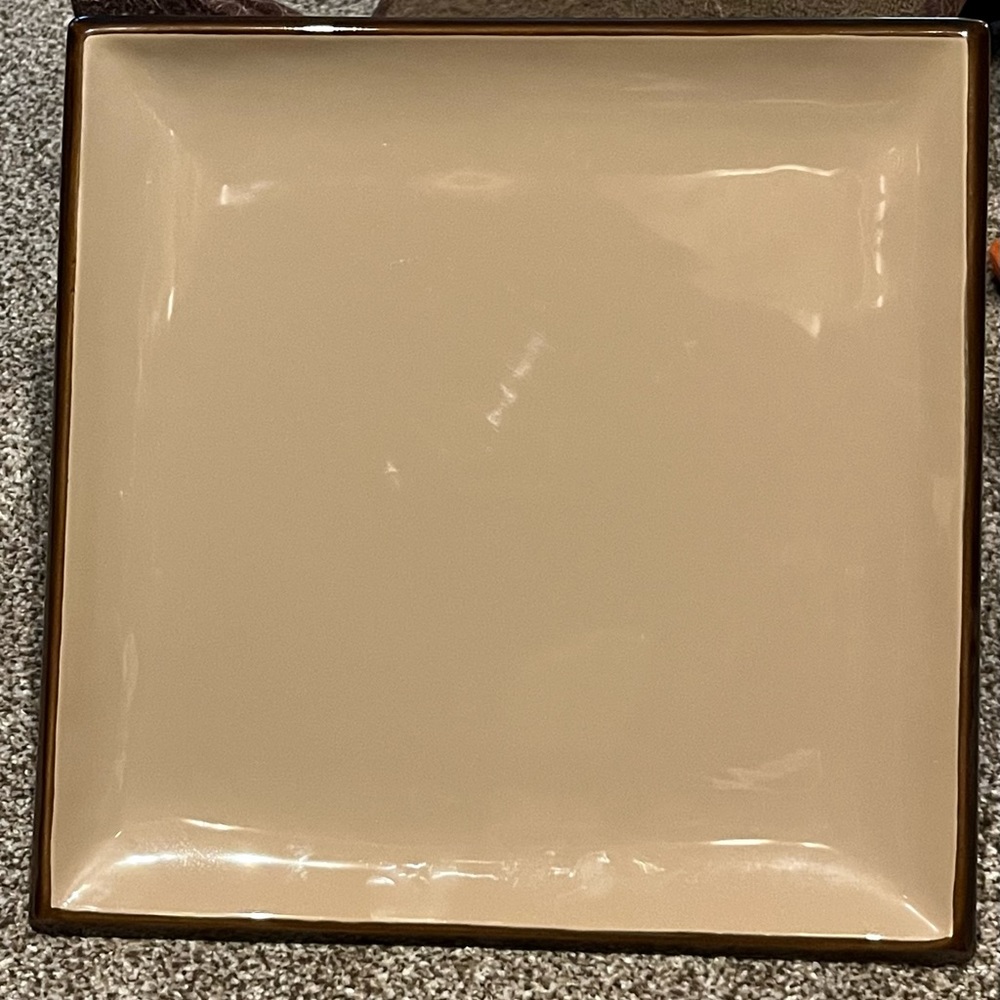 Large tan and brown trimmed plate. Use for decor or for serving. 12in x 12”